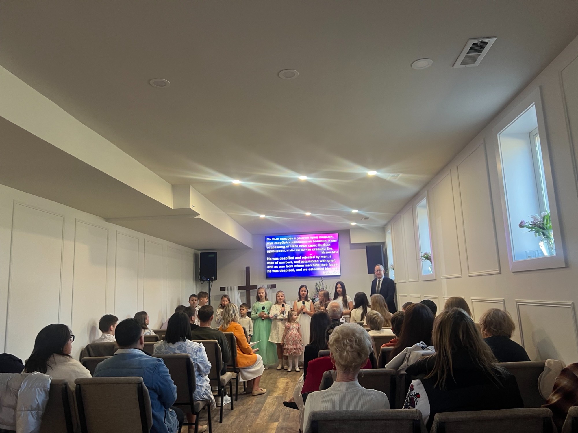 Sunday service in the remodeled active wing after the December 2025 fire